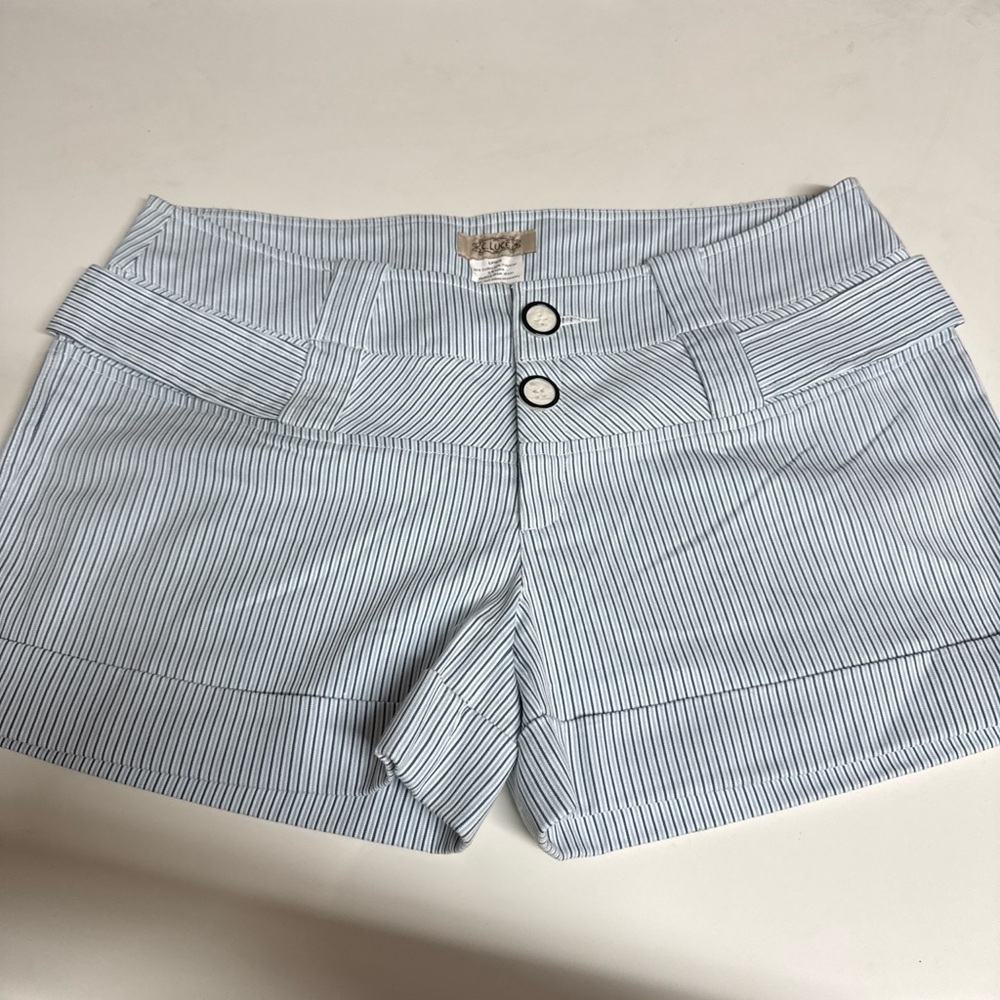 C. Luce Blue & White Pinstripe High-Waist Shorts